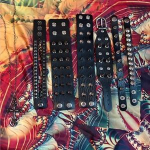 Black Studded Leather Bracelets Set